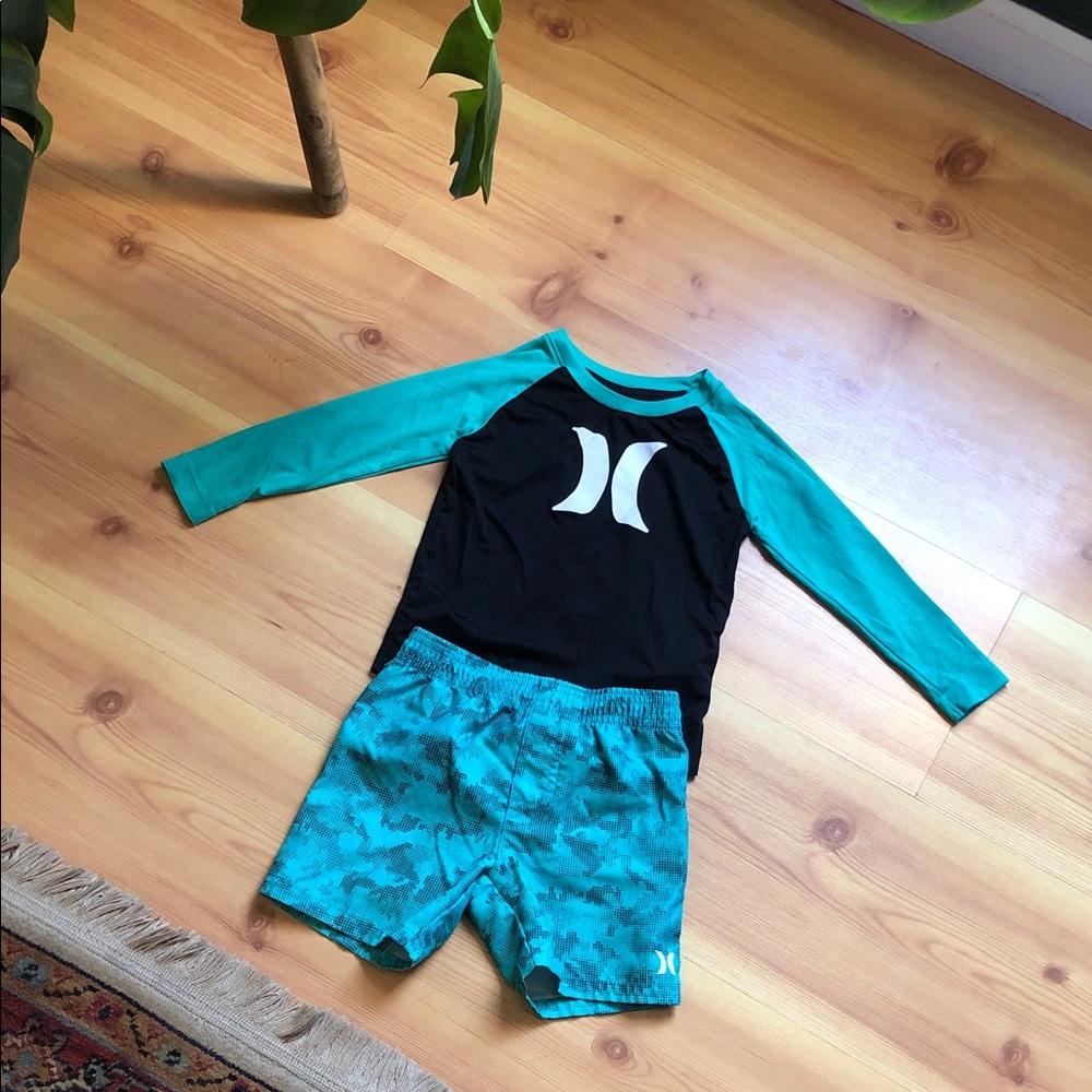 Hurley Boys Teal and Black Long-Sleeve Rashguard Swim Set